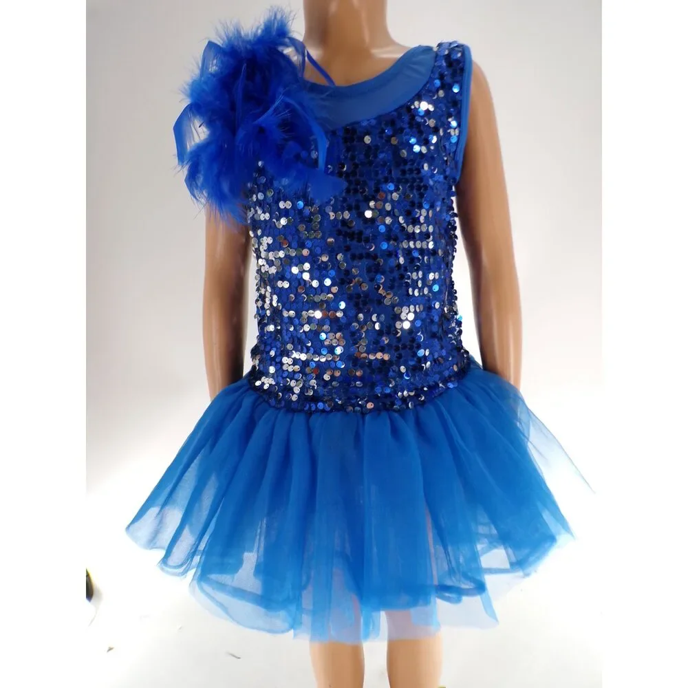 Pre-Owned Dance Costume Wish Come True D8409 Medium Child Blue Jazz Sequins